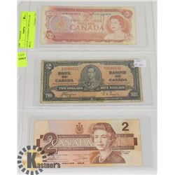 LOT OF 3 CANADIAN TWO DOLLAR BILLS.