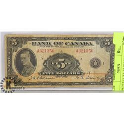 PRINCE OF WALES FIVE DOLLAR BILL FROM 1935.