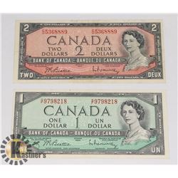 1954 ONE AND TWO DOLLAR CANADIAN BANK NOTES