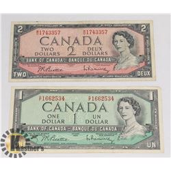 1954 ONE AND TWO DOLLAR CANADIAN BANK NOTES