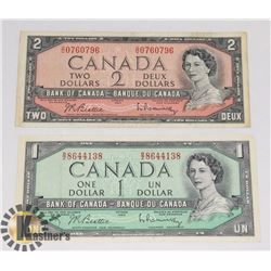 1954 ONE AND TWO DOLLAR CANADIAN BANK NOTES