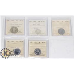 LOT OF 5 CERTIFIED VARIOUS CANADIAN COINS