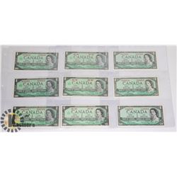 LOT OF 9 VARIOUS 1954-1967 BANK OF CANADA NOTES