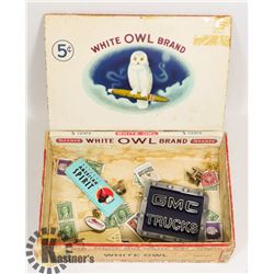 1930'S WHITE OWL CIGAR BOX WITH STAMPS, $ CLIP,