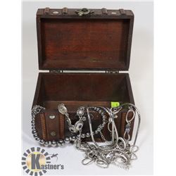 OLD WOODEN JEWELLERY BOX INCLUDING 4