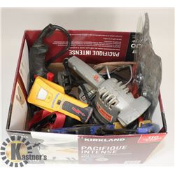 BOX OF ASSORTED TOOLS, DRILL, SANDER, SOCKET SET,