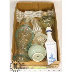 BOX OF VINTAGE DECANTERS.