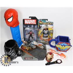 LOT OF SUPERHERO COLLECTIBLES GHOST RIDER, SPIDERMAN, WONDER WOMAN MUG AND MORE