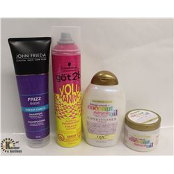 BAG OF ASSORTED HAIR CARE PRODUCTS INCL. GOT 2B HAIRSPRAY , JOHN FRIEDA SHAMPOO & OGX CONDITIONER.