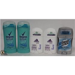 BAG OF 5 ASSORTED STICK DEODORANTS INCL. SPEED STICK, ADIDAS & DEGREE.
