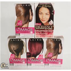 5 BOXES OF ASSORTED HAIR COLOR INCL. L'ORÉAL & CLAIROL.