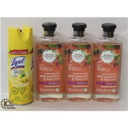 3 BOTTLES OF HERBAL ESSENCES NAKED VOLUME SHAMPOO & 1 CAN OF LYSOL LEMON BREEZE DISINFECTANT  SPRAY
