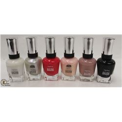6 BOTTLES OF ASSORTED COLOR SALLY HANSEN COMPLETE SALON MANICURE NAIL POLISH. 14.7ML PER BOTTLE