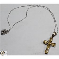 STERLING SILVER CITRINE CROSS PENDANT WITH CHAIN.