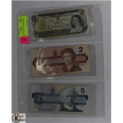 LOT OF 3 ASST YEAR CANADIAN BANKNOTES - $1, $2, $5