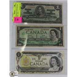 LOT OF 3 CANADIAN ONE DOLLAR BANK NOTES - 1937,