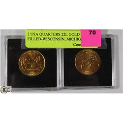 2 USA QUARTERS 22K GOLD FILLED-WISCONSIN, MICHIGAN
