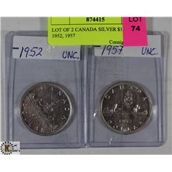 LOT OF 2 CANADIAN SILVER $1 COINS 1952, 1957