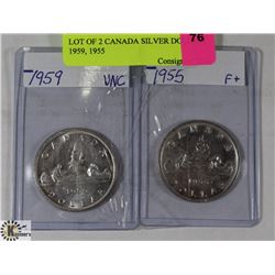 LOT OF 2 CANADIAN SILVER DOLLARS 1959, 1955