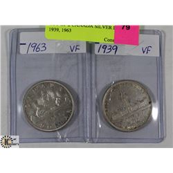LOT OF 2 CANADIAN SILVER DOLLARS 1939, 1963