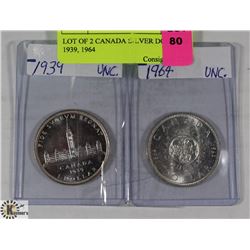 LOT OF 2 CANADIAN SILVER DOLLARS 1939, 1964