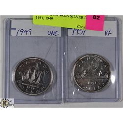 LOT OF 2 CANADIAN SILVER DOLLARS 1951, 1949