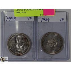 LOT OF 2 CANADIAN SILVER DOLLARS 1964, 1958