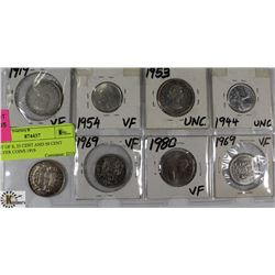LOT OF 8, 25 CENT AND 50 CENT COINS 1919-