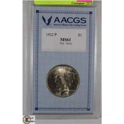 GRADED USA $1 COIN 1922-MS61 BY AACGS