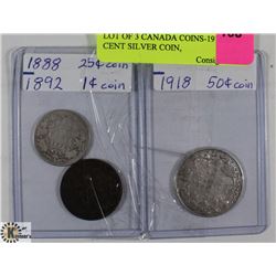 LOT OF 3 CANADIAN COINS-1918 50 CENT SILVER COIN,
