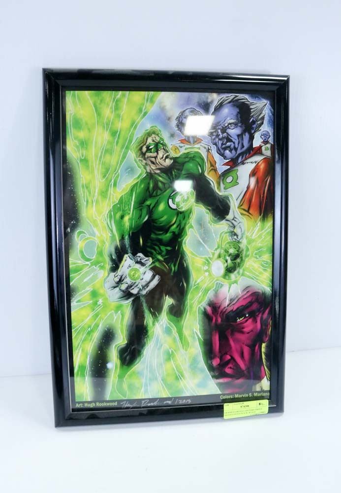 FRAMED GREEN LANTERN PRINT, SIGNED HUGH ROOKWOOD