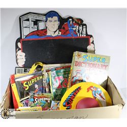 BOX OF ASSORTED VINTAGE SUPERHERO TOYS AND