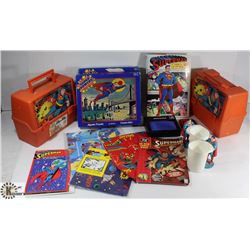 BOX OF ASSORTED VINTAGE SUPERHERO TOYS AND