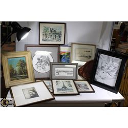 BIN OF 12 SMALL PAINTINGS & PICTURES.