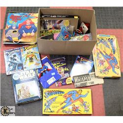 BOX OF ASSORTED VINTAGE SUPERHERO TOYS AND