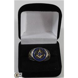 MENS SZ 13.5 SILVER TONED MASONIC RING, GOLD TONE