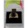 Image 1 : MENS SZ 10.5 GOLD TONED RING W/ LARGE BLACK STONE,