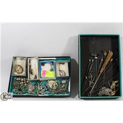 BOX OF BROACHES AND HAT PINS.
