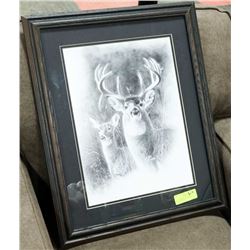 WOOD FRAMED DEER & DOE PICTURE SIGNED