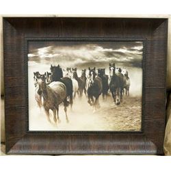 BROWN WOOD FRAMED WILD HORSES CANVAS