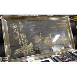 LARGE VINTAGE WALL MIRROR WITH CRANE BIRD THEME.