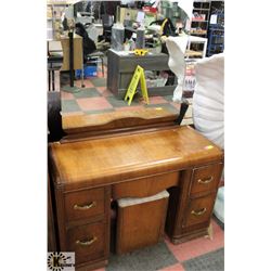 1950'S WOOD ANTIQUE VANITY WITH MIRROR AND STOOL