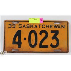 1939 SASKATCHEWAN LICENSE PLATE.