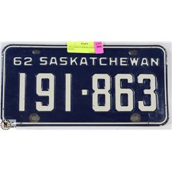 1962 SASKATCHEWAN LICENSE PLATE.