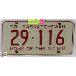 1973 SASKATCHEWAN HOME OF THE RCMP LICENSE PLATE