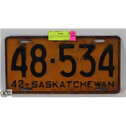 1942 SASKATCHEWAN LICENSE PLATE.