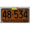 1942 SASKATCHEWAN LICENSE PLATE.