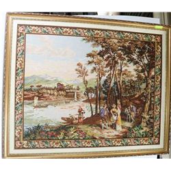 PEOPLE BY RIVER WITH FLORAL BORDER 52" X 42.5"