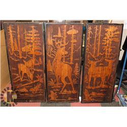 LOT OF 3 WOOD CARVED METAL FRAMED DEER WALL