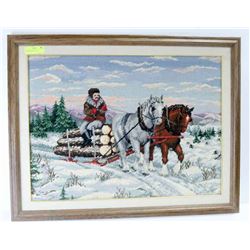 LOGS ON SLED PULLED BY CLYDESDALES 32" X 25"